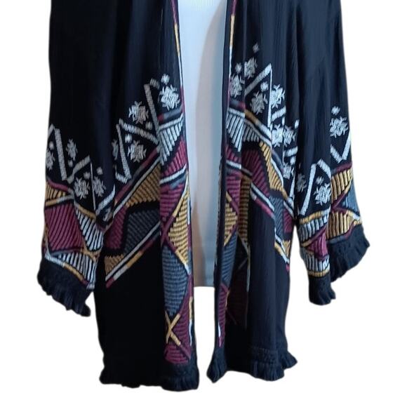 KNOX ROSE Artsy Embroidered Kimono Duster Cardigan Jacket XS Fringe‎ Open Front - Picture 7 of 9
